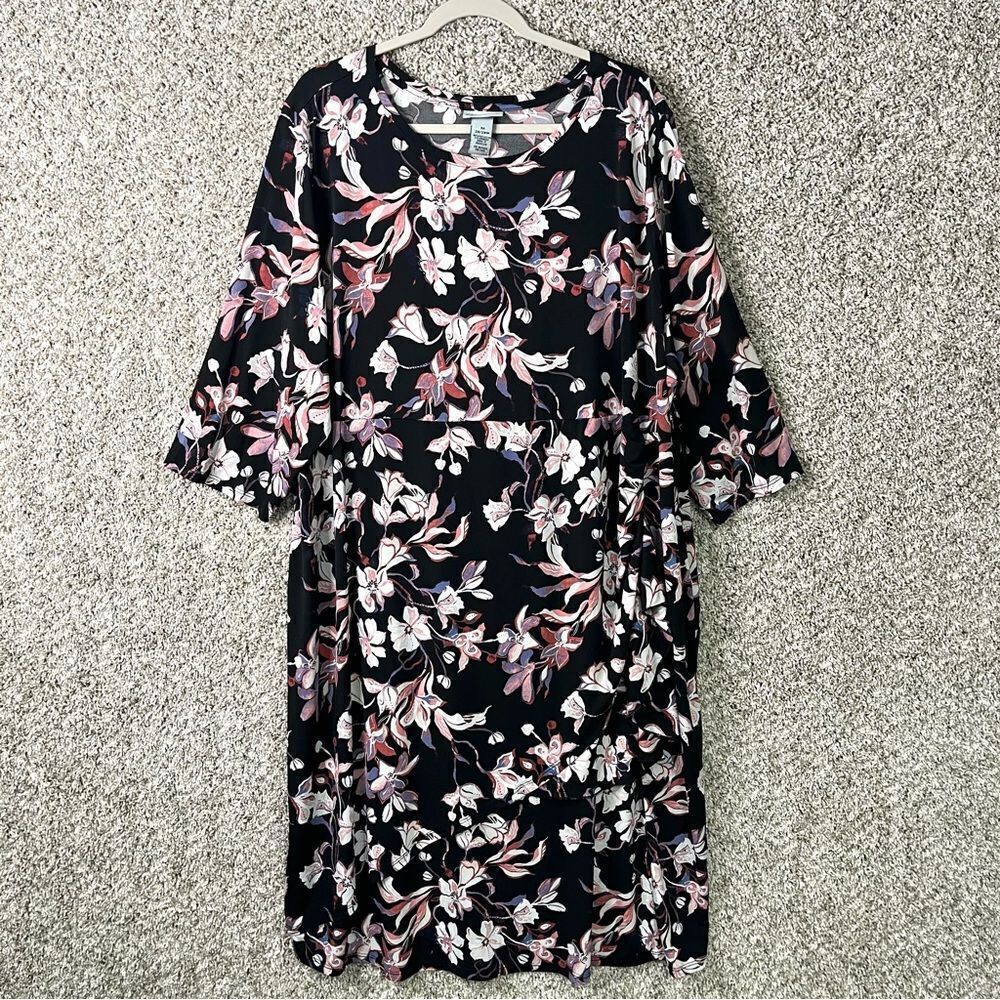 Catherines Dress Women’s 3X / 26-28W Pink, Black & White Floral Print Midi‎
